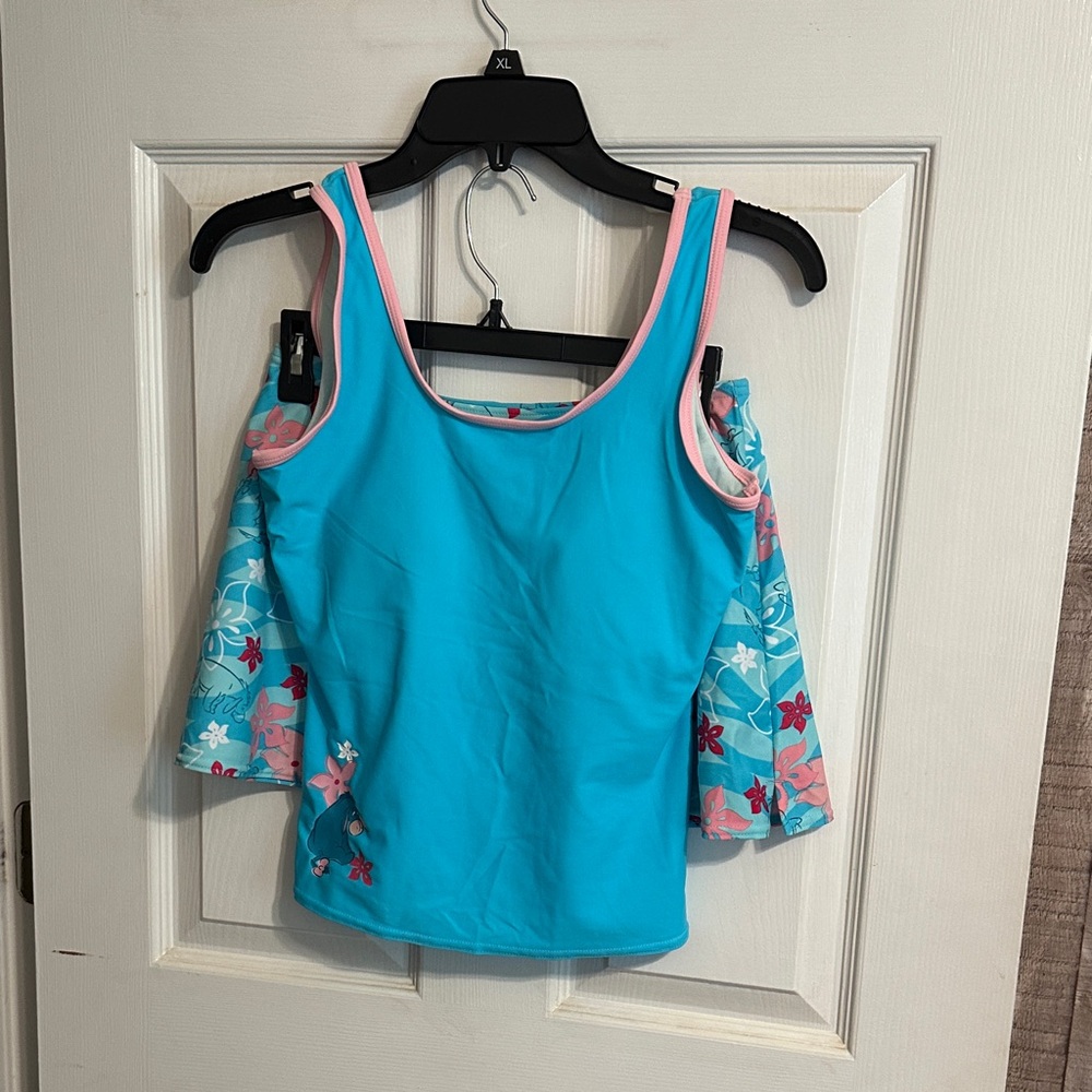 Disney Girls Turquoise Swim Top with Pink Trim and Floral Sleeves